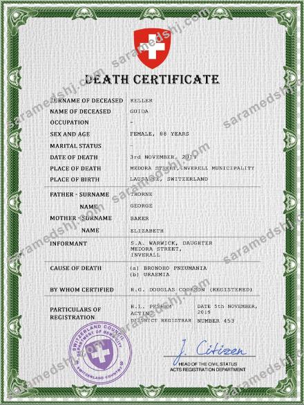 Switzerland death certificate PSD template